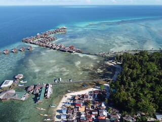 Drone view of Mabul Island, the base for diving in Sipadan Island, Sabah state in Malaysia.