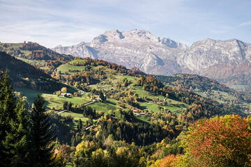 Fototapeta na wymiar Alpine chalets on a hillside in Haute-Savoie, France