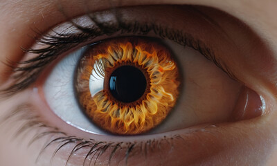 Close-up of a captivating female eye, intense, mysterious, enchanting, with a burning and glowing fire within the iris, shot using a macro lens on a professional DSLR camera