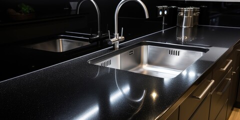 Shiny cabinets and countertop with a black sink.