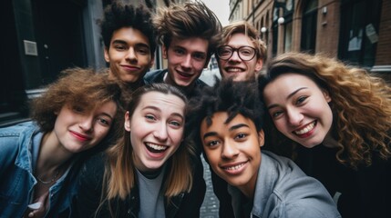 Global smiles: capturing joy in group selfies of cheerful and happy young people diverse nationalities, celebrating unity, friendship, cultural harmony in shared moments of happiness and togetherness.