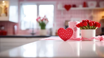 Fotobehang St Valentines Day themed border on kitchen table with Love heart and red roses and blurred kitchen in the background © David