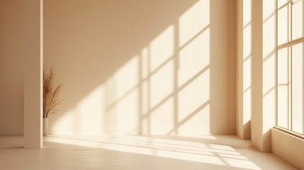 Empty room gentle light beige background for product presentation with shadow and light from windows.