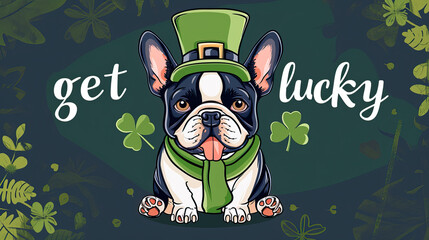 French Bulldog celebrating St. Patrick's Day dressed as a leprechaun, green outfit  and top hat