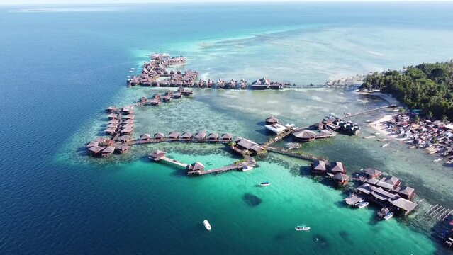 Drone view of Mabul Island, the base for diving in Sipadan Island, Sabah state in Malaysia.