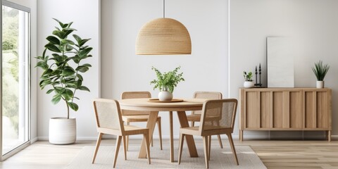 Minimalist dining room with round family table, rattan chairs, design pendant lamp, commode, plants, decoration, and personal accessories.