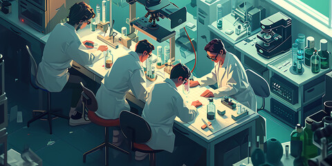 Uma imagem visualmente marcante de cientistas trabalhando em um laboratório de pesquisa em computação quântica, cercados por equipamentos sofisticados. - obrazy, fototapety, plakaty