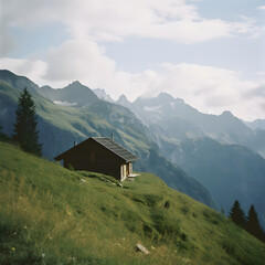 Fototapeta na wymiar Hut in alpine landscape (Generative AI)