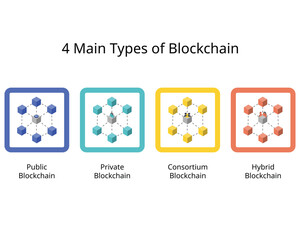 Different Types of Blockchain Networks such as private blockchain, public block chain, consortium and hybrid - obrazy, fototapety, plakaty