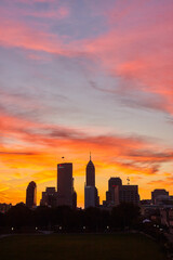 Indianapolis Skyline at Sunset with Vibrant Skies and Park Silhouette