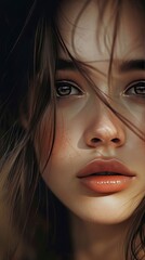 a full face shot and a blurred background. Feature a stunning woman with striking light brown eyes and short, flowing brunette hair - generative ai