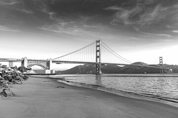 scenic morning view to golden gate bridge from the beach at old fort,