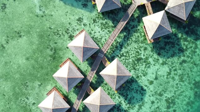 Drone view of Mabul Island, the base for diving in Sipadan Island, Sabah state in Malaysia.