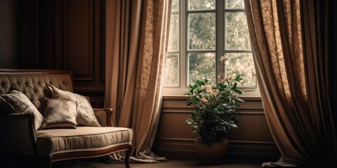 Cozy seating by window with classy curtains in the room.