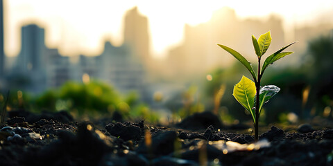 Small plant growing, background of blurred buildings in the background