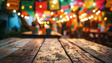 Empty wooden table with Mexican party or gathering background - obrazy, fototapety, plakaty