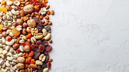 Different dried fruits and nuts on white background