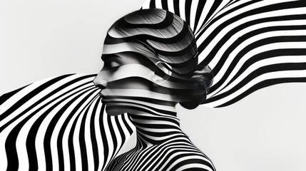 Distorted female attractive bodies, in black and white with a striped pattern