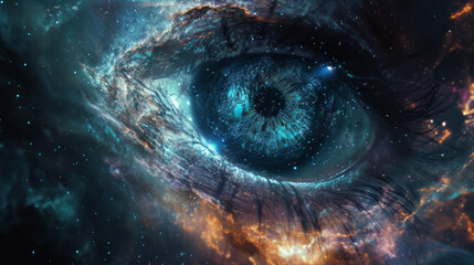 Fantasy eye in space. Beautiful eye is watching to somewhere across all skies. 