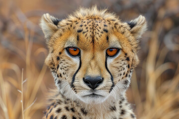 A close-up portrait of a cheetah with orange eyes, set against a blurred natural grassland background.