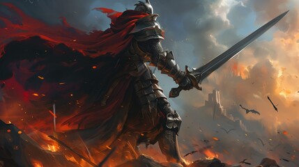 A medieval knight fighting in a warfare, fire and chaos, intense shot - obrazy, fototapety, plakaty