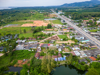 Fototapeta na wymiar Aerial view of the tourist resort town of Bang Niang and Nangthong in the Khao Lak area of western Thailand