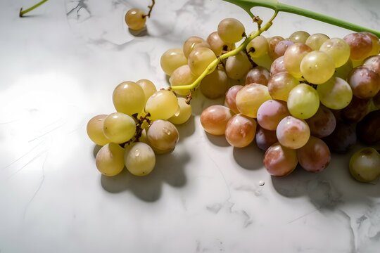 close up lay flat of bunch of grapes scattered on a white work surface , shot from above even dayight lighting, strong focus good detail photo realistic,
