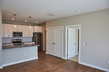 Modern Kitchen with Island and Open Living Space, Eye-Level View