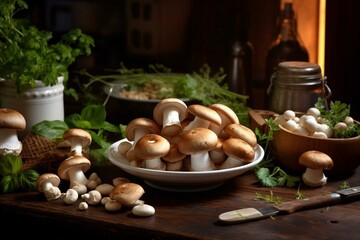 Mushrooms on a table. Vegetarian cooking. Generative AI