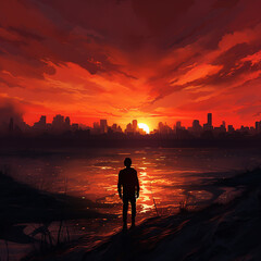 Fototapeta premium A Lone Silhouette Against a Fiery Sunset