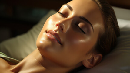 Gentle sunlight caresses a woman's face during a serene spa moment - obrazy, fototapety, plakaty