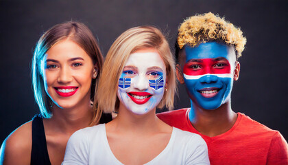 Portrait of three young people with painted faces. Diversity and multiculturalism concept.