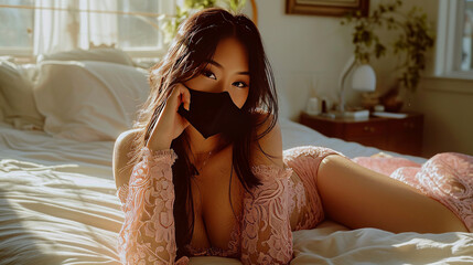 Cute Asian girl in mask lies on bed - obrazy, fototapety, plakaty