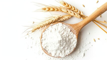 ears of wheat and pile of flour in wooden spoon isolated on white background. Top view. 