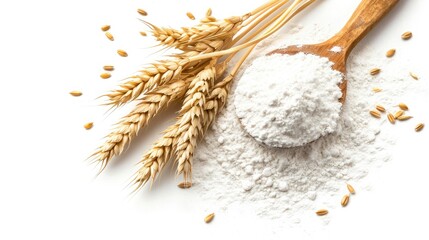 ears of wheat and pile of flour in wooden spoon isolated on white background. Top view. 