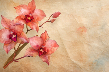 Herbarium style watercolor illustration of orchid on parchment paper. copy space
