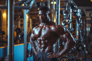 Fototapeta na wymiar A powerful Afro American bodybuilder posing in the gym, showcasing well-defined muscles and strength, set against the backdrop of weightlifting equipment, intense and impressive, clear and focused