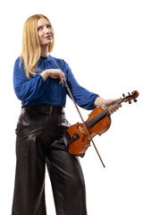 Fototapeta na wymiar Elegant blond girl with a violin. Female violinist isolated on white background.