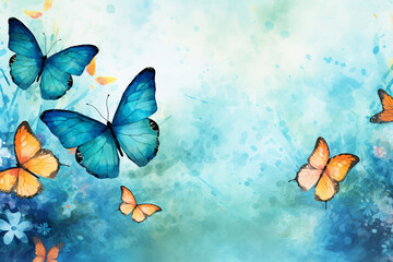 Fototapeta na wymiar Blue butterflies on blue background, watercolor, Generative AI