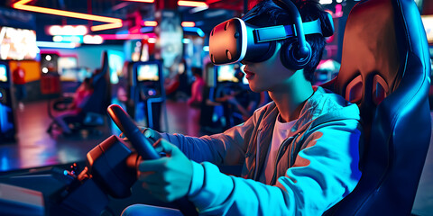 Uma imagem eletrizante de uma pessoa usando óculos de realidade virtual (VR) e interagindo com um...
