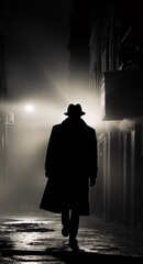 Mysterious dark figure in a trench coat with bright flood lighting in a film noir detective style photograph