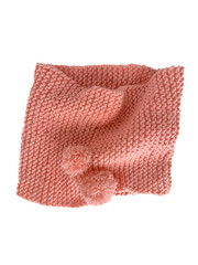 Soft pink lace knitted round scarf isolated on white background. Fashion children's accessory.