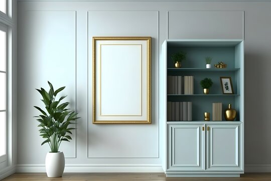 Blank frame on cabinet in living room interior on empty wall background.