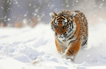Obraz premium Tiger in wild winter nature, running in the snow. Action wildlife scene with dangerous animal. Cold winter with beautiful Siberian tiger, Panthera tigris altaica
