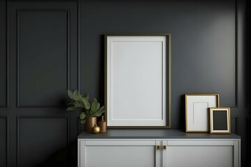 Blank frame on cabinet in living room interior on empty dark wall background.