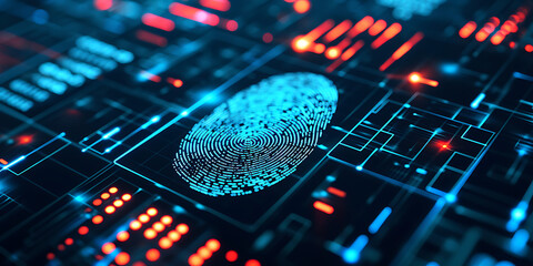 Uso de tecnologia biométrica para acesso seguro, como scanners de reconhecimento de impressões digitais ou faciais. A cena comunica o papel da biometria em aprimorar as medidas de segurança - obrazy, fototapety, plakaty