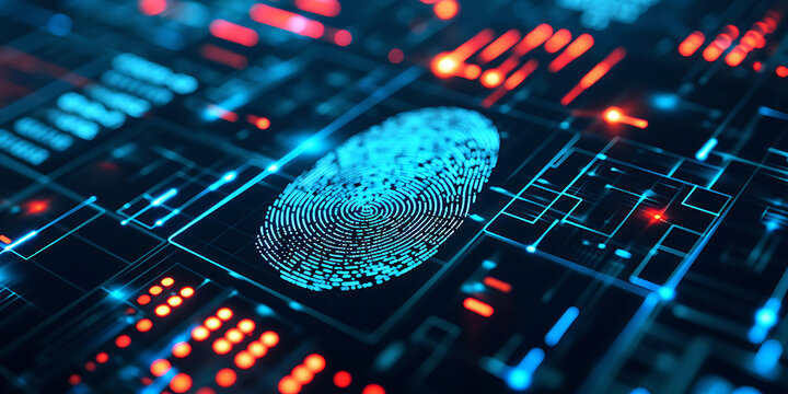 Uso de tecnologia biométrica para acesso seguro, como scanners de reconhecimento de impressões digitais ou faciais. A cena comunica o papel da biometria em aprimorar as medidas de segurança