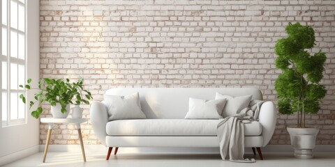 Flowerpot-filled white living room with a cozy couch and brick wall, concept design.