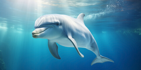 Obraz na płótnie Canvas Dolphin swims underwater