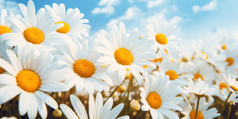 White daisies against the blue sky on a sunny day